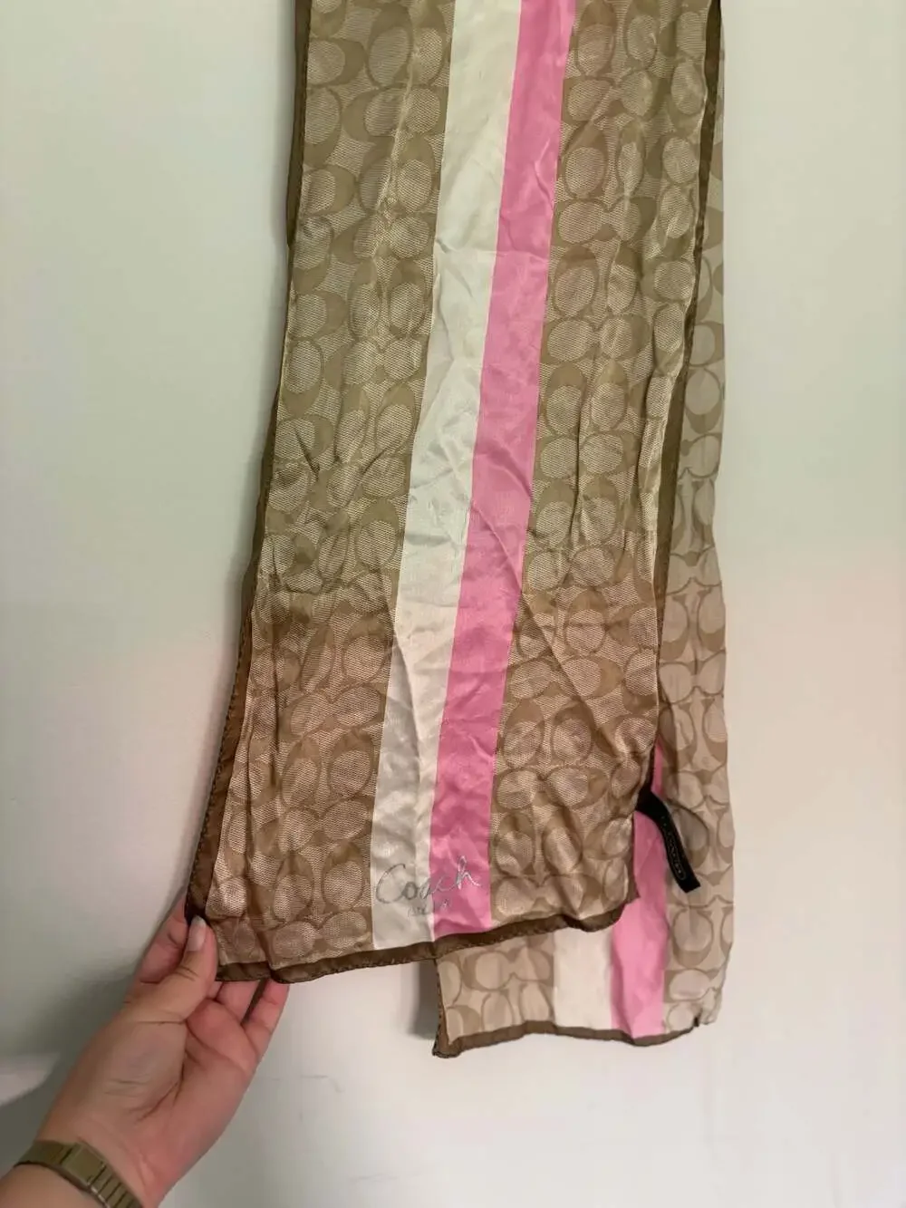 Coach Signature C Print Silk Scarf with Pink White Striped